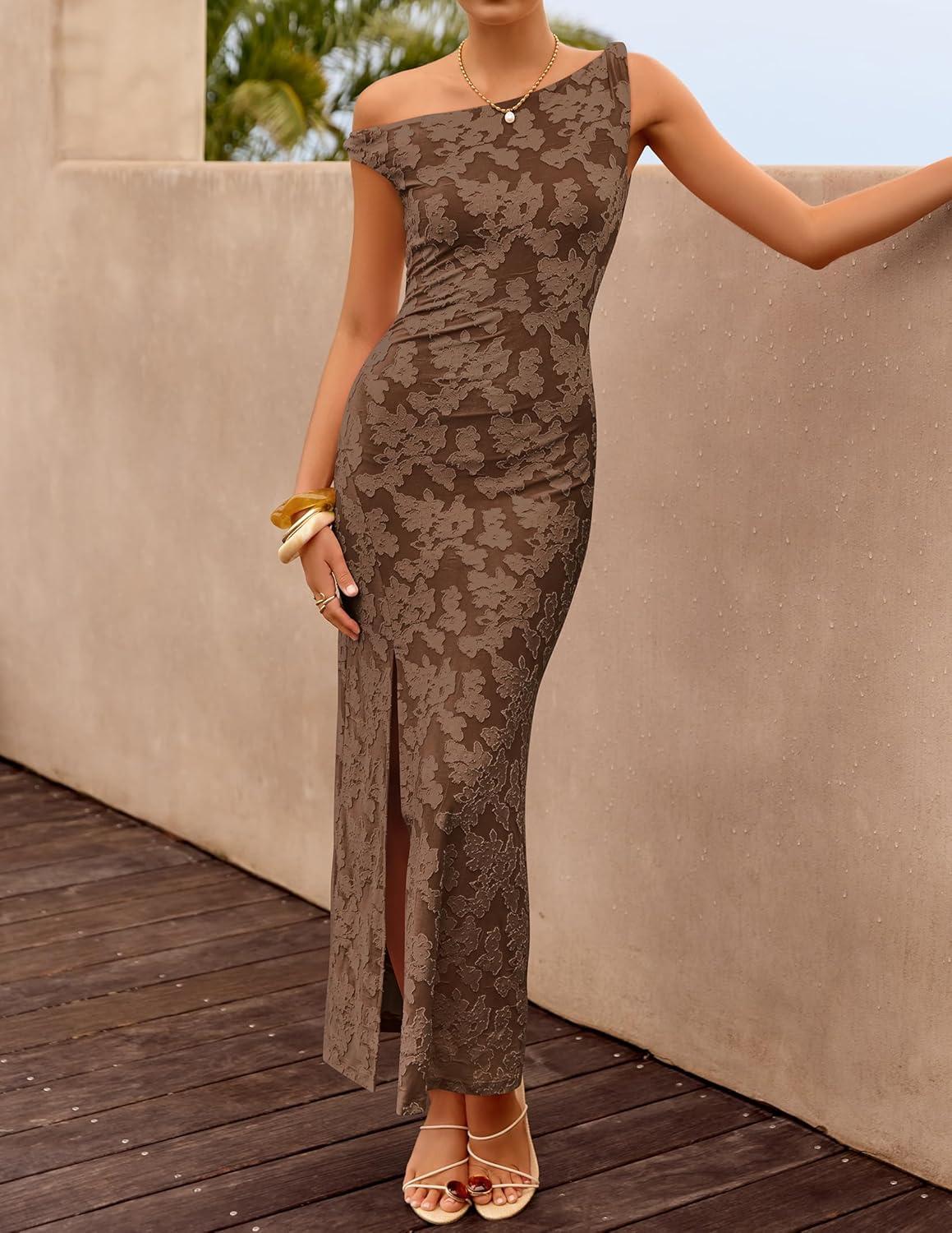 imageZESICA Womens Summer One Shoulder Floral Bodycon Midi Dress 2026 Ruched Elegant Wedding Cocktail Party Long DressesBrown