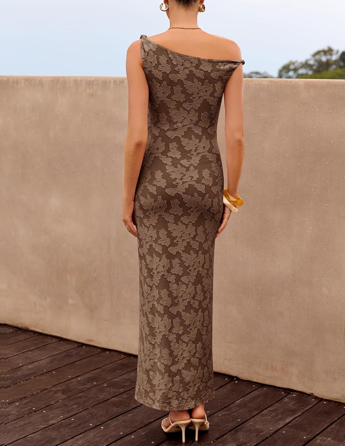 imageZESICA Womens Summer One Shoulder Floral Bodycon Midi Dress 2026 Ruched Elegant Wedding Cocktail Party Long DressesBrown