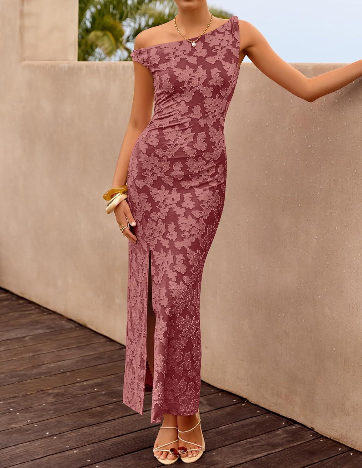 imageZESICA Womens Summer One Shoulder Floral Bodycon Midi Dress 2026 Ruched Elegant Wedding Cocktail Party Long DressesWine