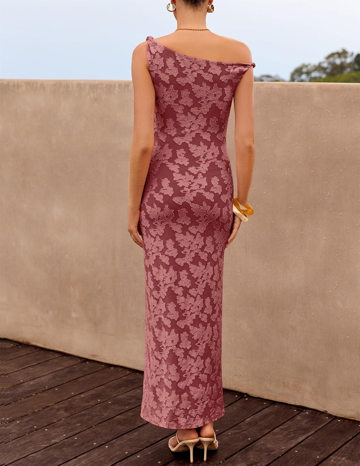 imageZESICA Womens Summer One Shoulder Floral Bodycon Midi Dress 2026 Ruched Elegant Wedding Cocktail Party Long DressesWine