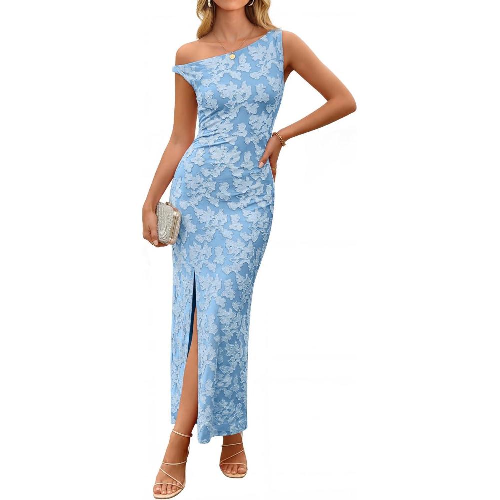 imageZESICA Womens Summer One Shoulder Floral Bodycon Midi Dress 2026 Ruched Elegant Wedding Cocktail Party Long DressesDustyblue