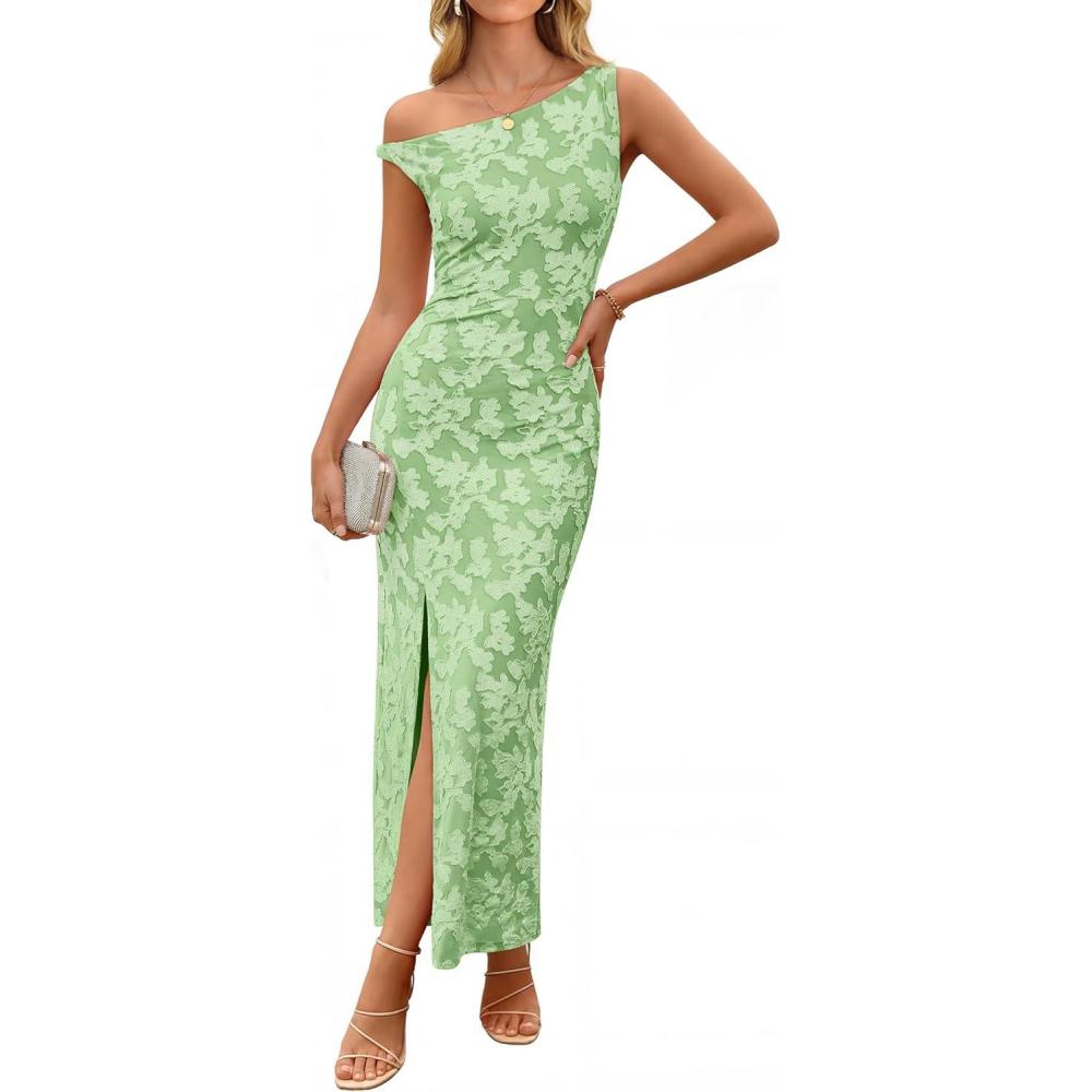 imageZESICA Womens Summer One Shoulder Floral Bodycon Midi Dress 2026 Ruched Elegant Wedding Cocktail Party Long DressesGreen