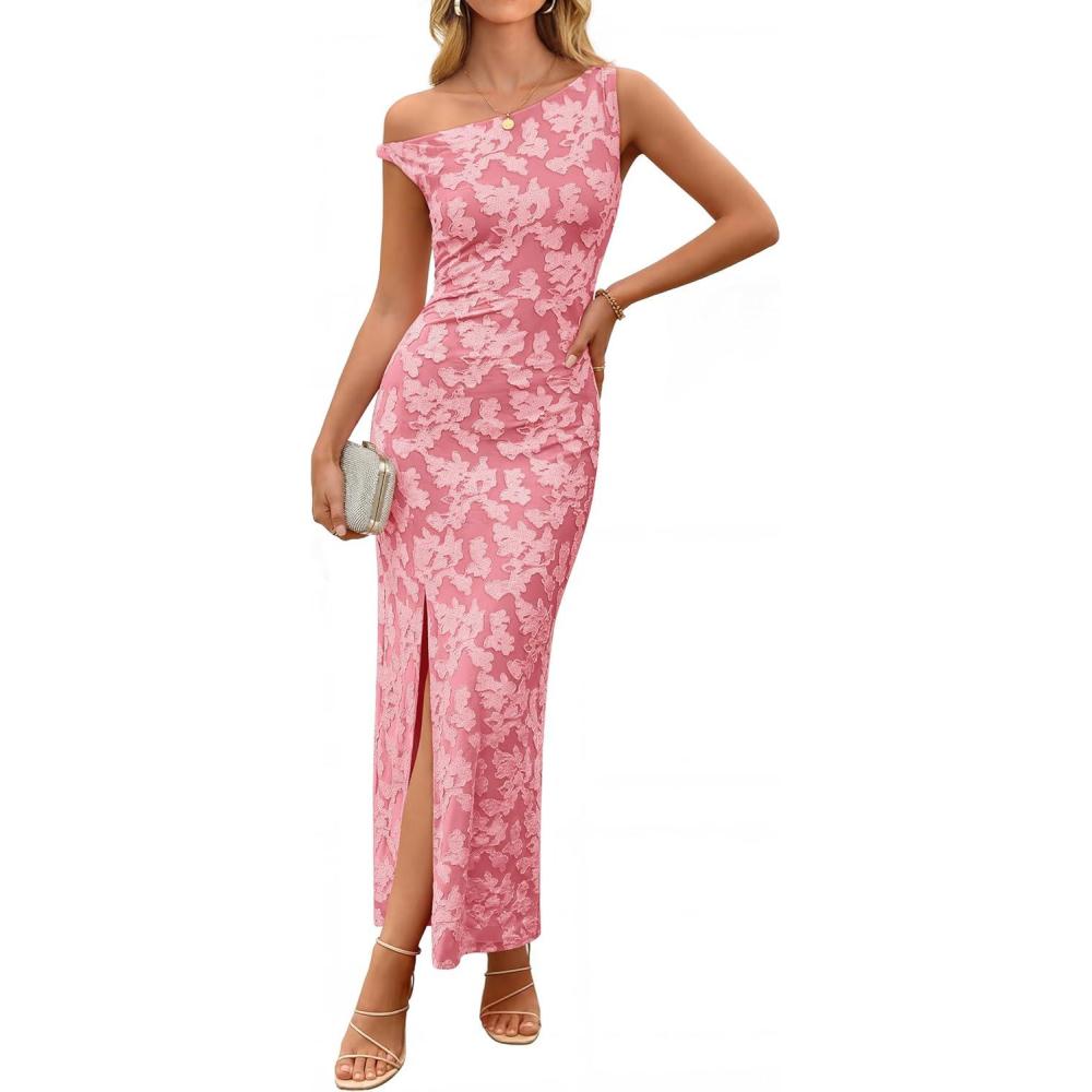 imageZESICA Womens Summer One Shoulder Floral Bodycon Midi Dress 2026 Ruched Elegant Wedding Cocktail Party Long DressesPink