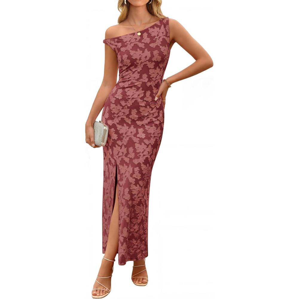 imageZESICA Womens Summer One Shoulder Floral Bodycon Midi Dress 2026 Ruched Elegant Wedding Cocktail Party Long DressesWine