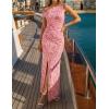 ZESICA Women’s Summer One Shoulder Floral Bodycon Midi Dress 2026 Ruched Elegant Wedding Cocktail Party Long Dresses(Pink)