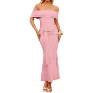 ZESICA Women’s 2026 Off Shoulder Bodycon Maxi Dress Summer Spring Formal Elegant Cocktail Party Wedding Guest Midi Dresses(Pink)