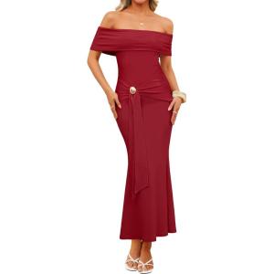 ZESICA Women’s 2026 Off Shoulder Bodycon Maxi Dress Summer Spring Formal Elegant Cocktail Party Wedding Guest Midi Dresses(Red)
