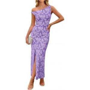 ZESICA Women’s Summer One Shoulder Floral Bodycon Midi Dress 2026 Ruched Elegant Wedding Cocktail Party Long Dresses(Purple)