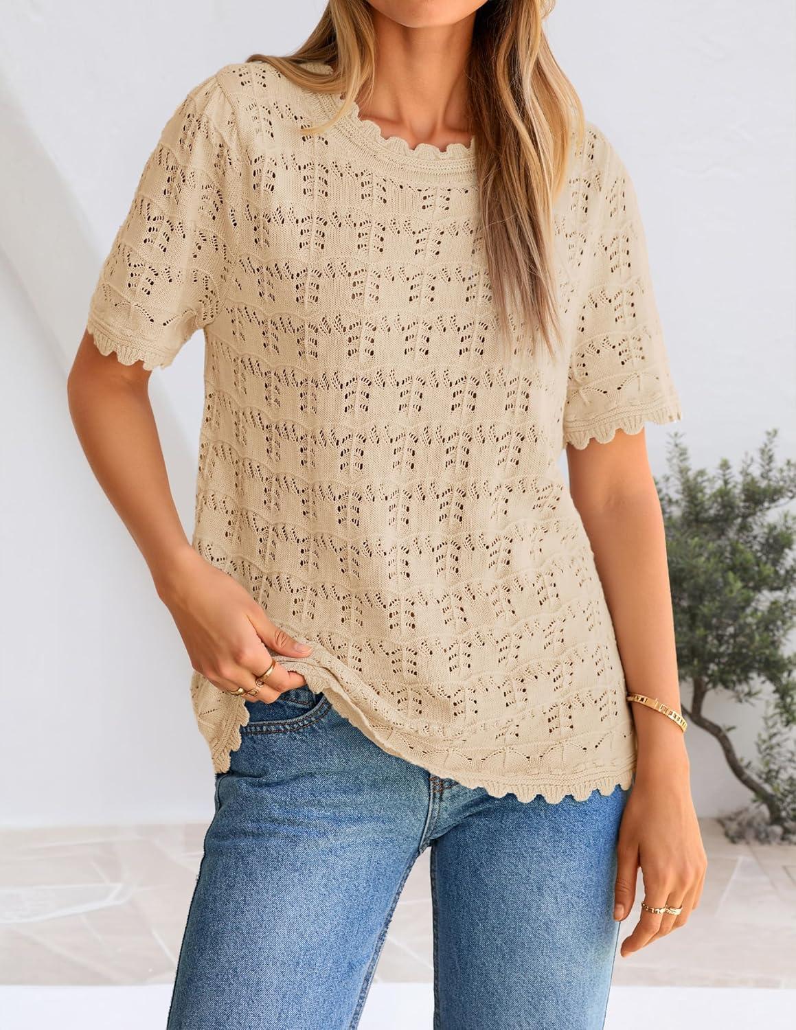 imageZESICA Womens Spring Tops Crochet Short Sleeve Sweaters 2026 Summer Casual Crewneck Hollow Out Shirts Beach Vacation OutfitsApricot