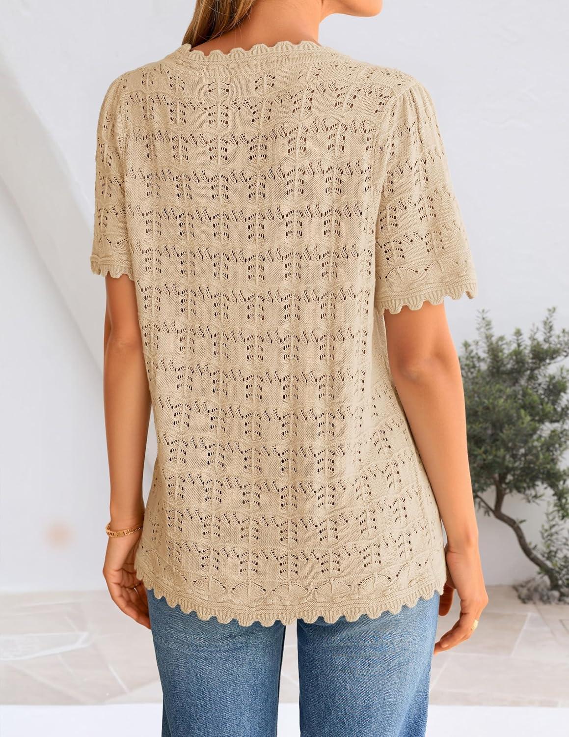 imageZESICA Womens Spring Tops Crochet Short Sleeve Sweaters 2026 Summer Casual Crewneck Hollow Out Shirts Beach Vacation OutfitsApricot
