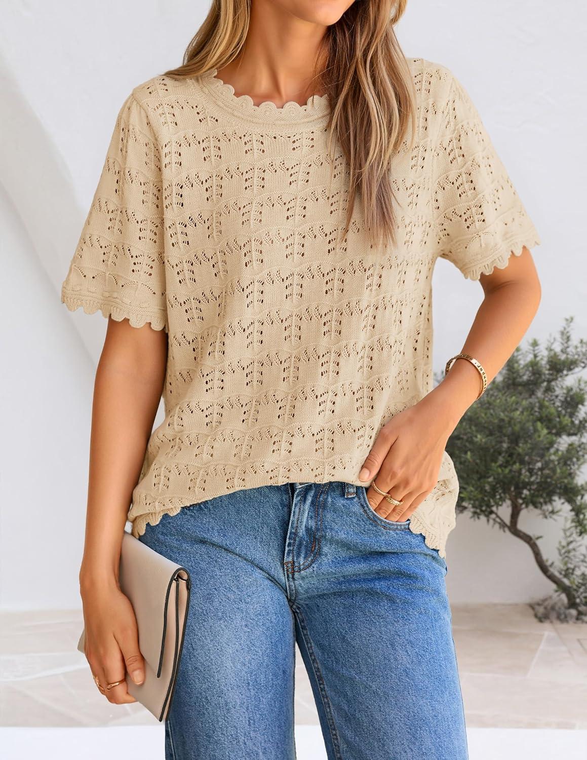 imageZESICA Womens Spring Tops Crochet Short Sleeve Sweaters 2026 Summer Casual Crewneck Hollow Out Shirts Beach Vacation OutfitsApricot