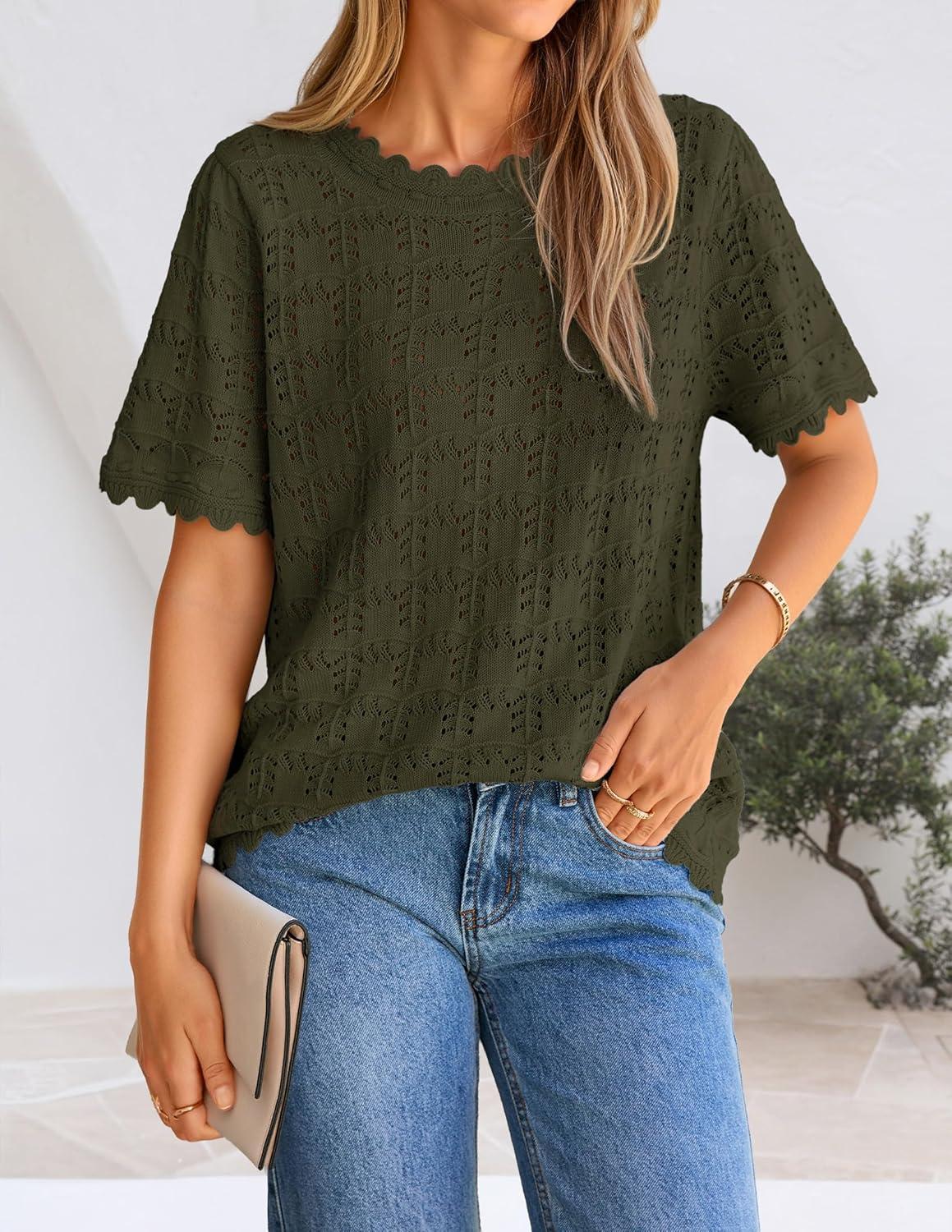 imageZESICA Womens Spring Tops Crochet Short Sleeve Sweaters 2026 Summer Casual Crewneck Hollow Out Shirts Beach Vacation OutfitsArmygreen