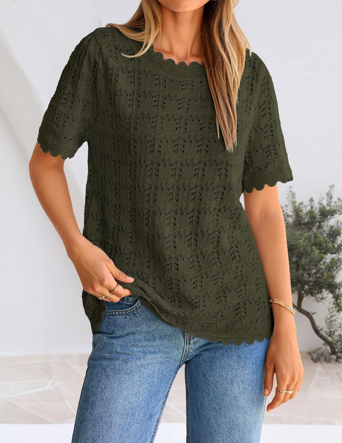 imageZESICA Womens Spring Tops Crochet Short Sleeve Sweaters 2026 Summer Casual Crewneck Hollow Out Shirts Beach Vacation OutfitsArmygreen
