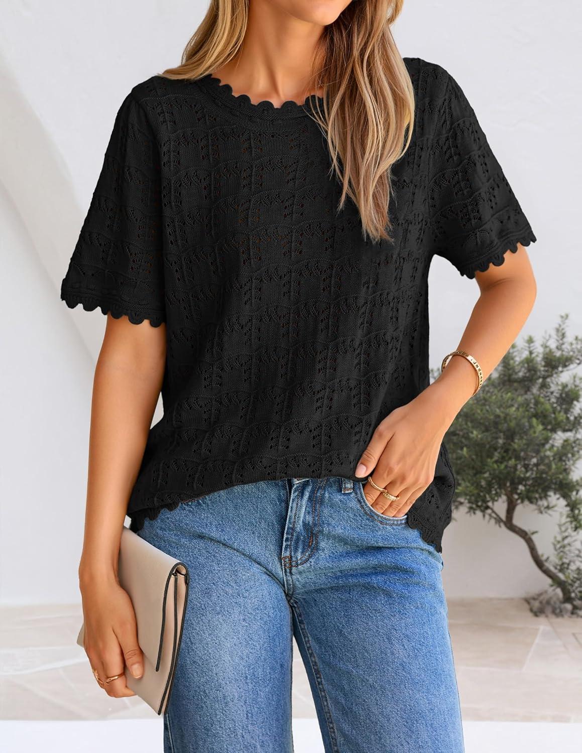 imageZESICA Womens Spring Tops Crochet Short Sleeve Sweaters 2026 Summer Casual Crewneck Hollow Out Shirts Beach Vacation OutfitsBlack