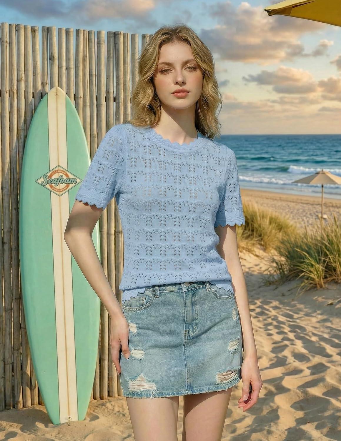 imageZESICA Womens Spring Tops Crochet Short Sleeve Sweaters 2026 Summer Casual Crewneck Hollow Out Shirts Beach Vacation OutfitsLightblue