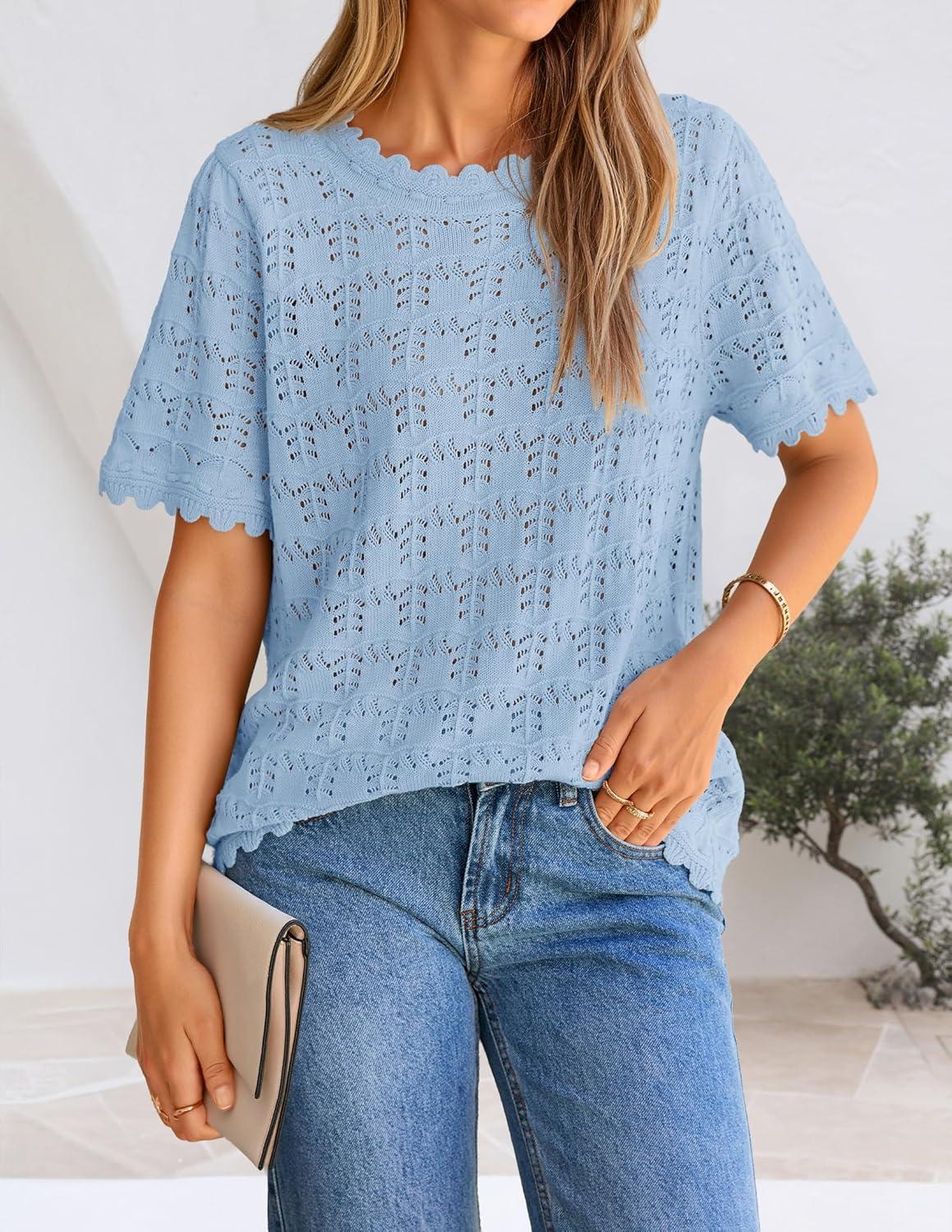 imageZESICA Womens Spring Tops Crochet Short Sleeve Sweaters 2026 Summer Casual Crewneck Hollow Out Shirts Beach Vacation OutfitsLightblue