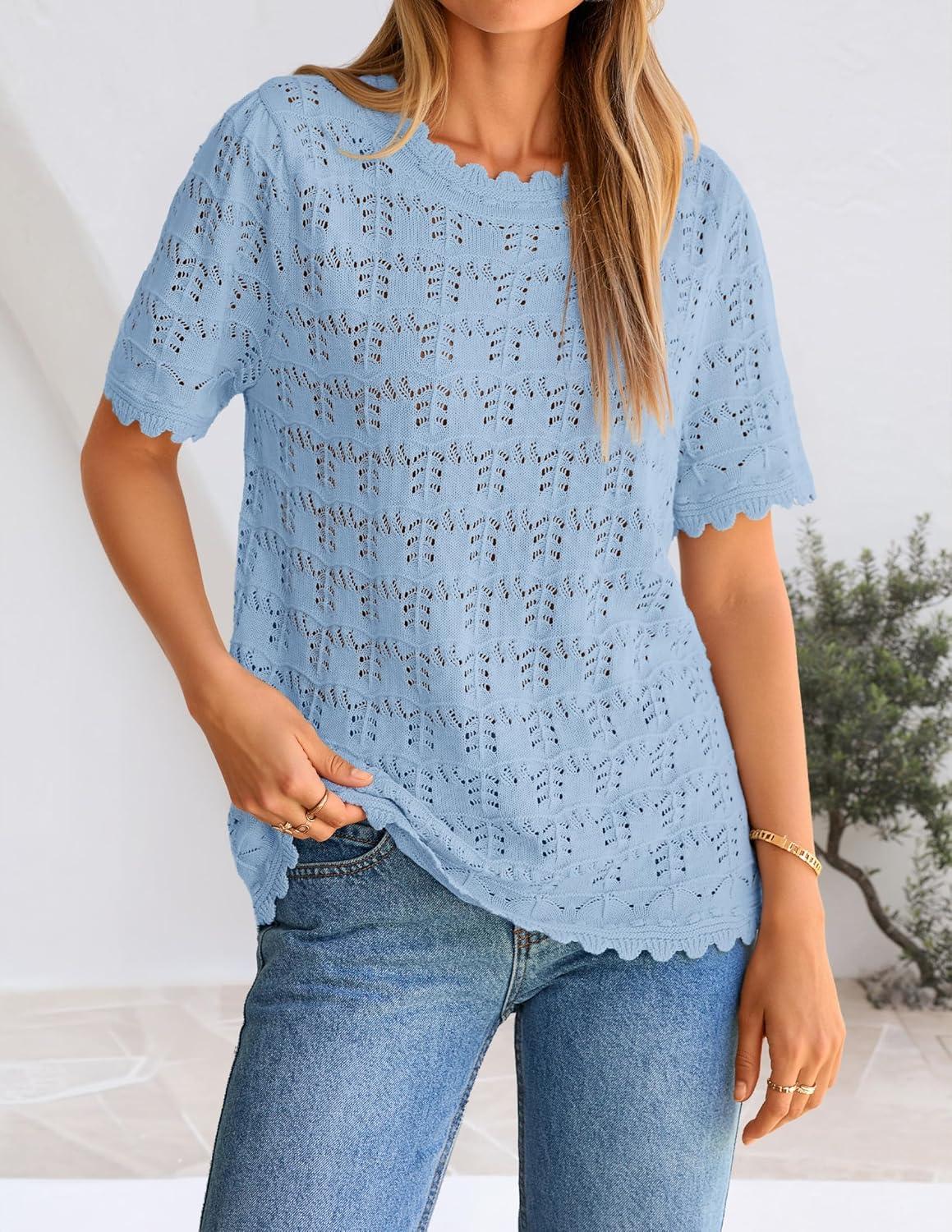 imageZESICA Womens Spring Tops Crochet Short Sleeve Sweaters 2026 Summer Casual Crewneck Hollow Out Shirts Beach Vacation OutfitsLightblue
