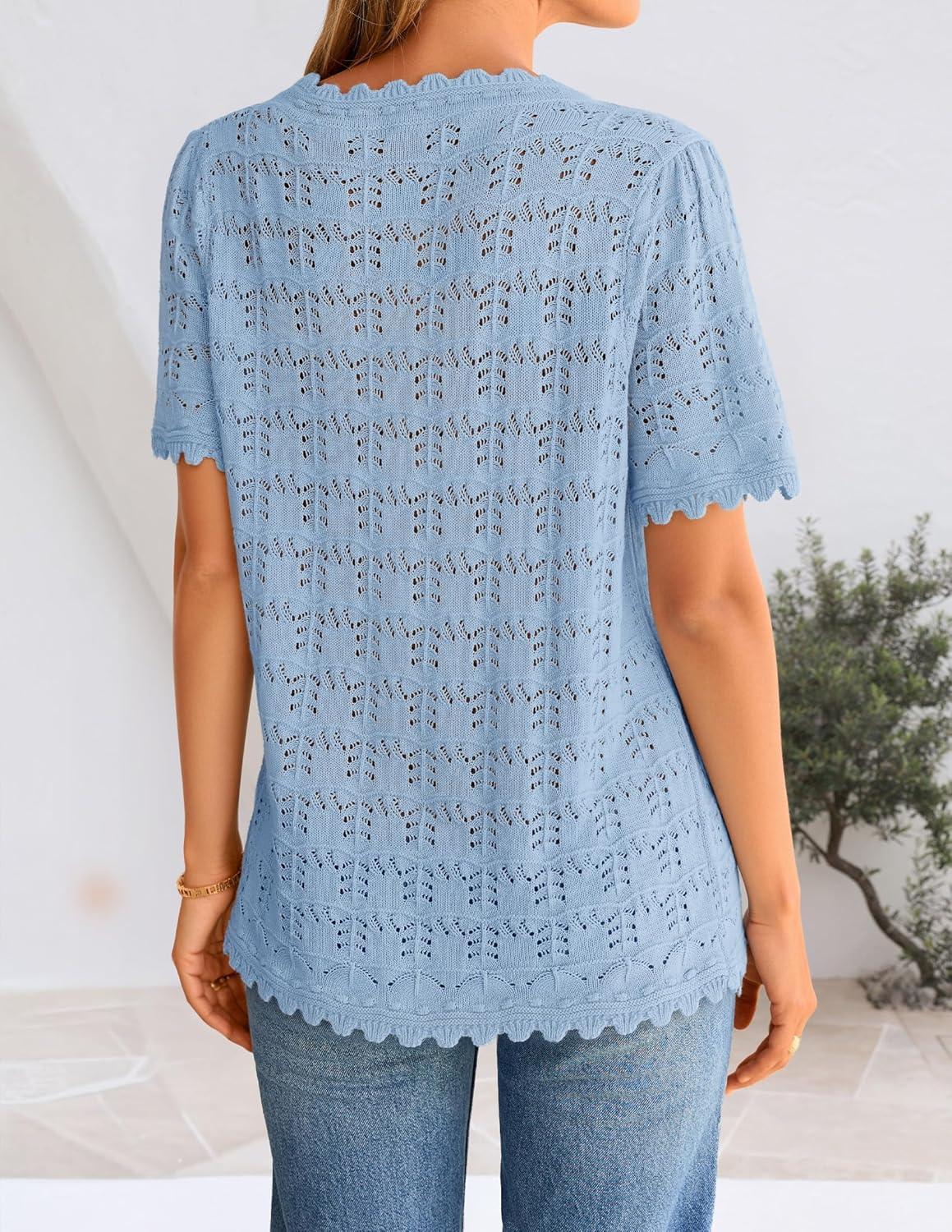 imageZESICA Womens Spring Tops Crochet Short Sleeve Sweaters 2026 Summer Casual Crewneck Hollow Out Shirts Beach Vacation OutfitsLightblue