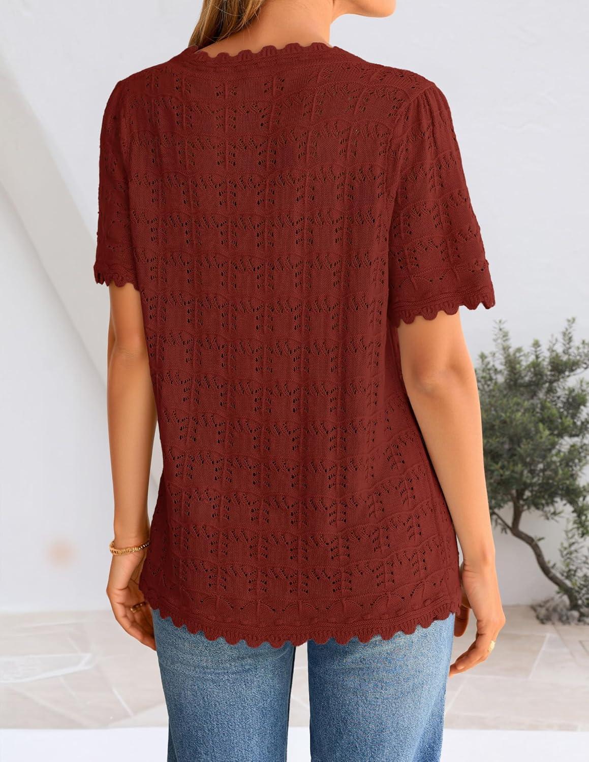 imageZESICA Womens Spring Tops Crochet Short Sleeve Sweaters 2026 Summer Casual Crewneck Hollow Out Shirts Beach Vacation OutfitsWine