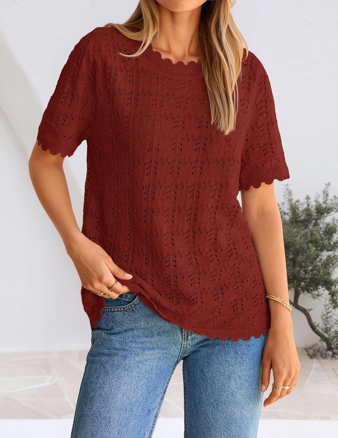 imageZESICA Womens Spring Tops Crochet Short Sleeve Sweaters 2026 Summer Casual Crewneck Hollow Out Shirts Beach Vacation OutfitsWine