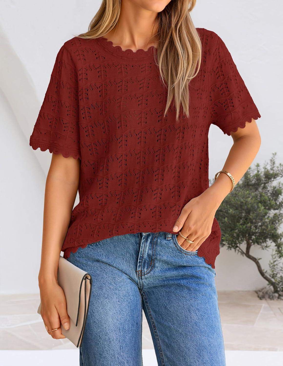 imageZESICA Womens Spring Tops Crochet Short Sleeve Sweaters 2026 Summer Casual Crewneck Hollow Out Shirts Beach Vacation OutfitsWine