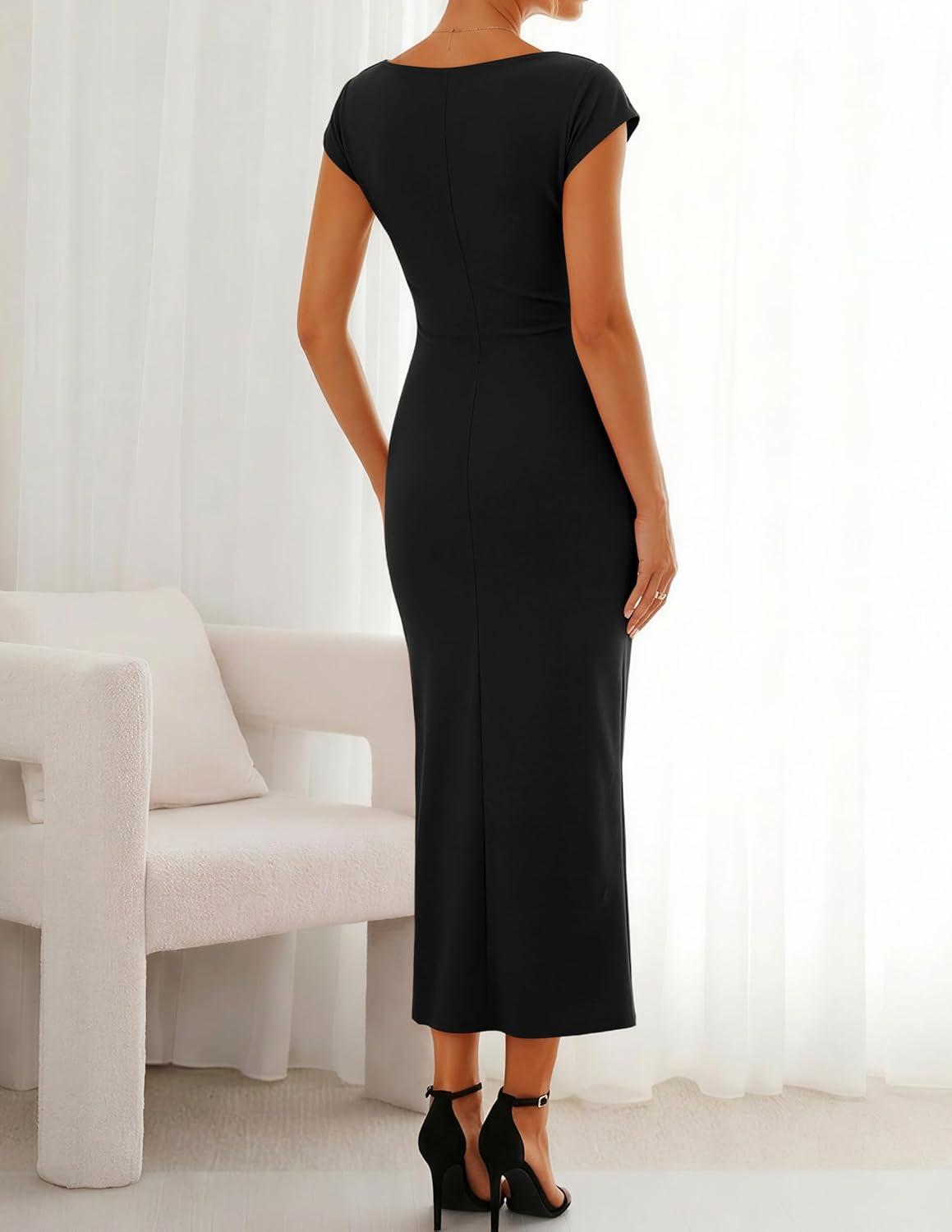 imageZESICA Womens Summer Cap Sleeve Bodycon Midi Dresses 2026 Formal Ruched Wedding Guest Cocktail Party Long DressBlack