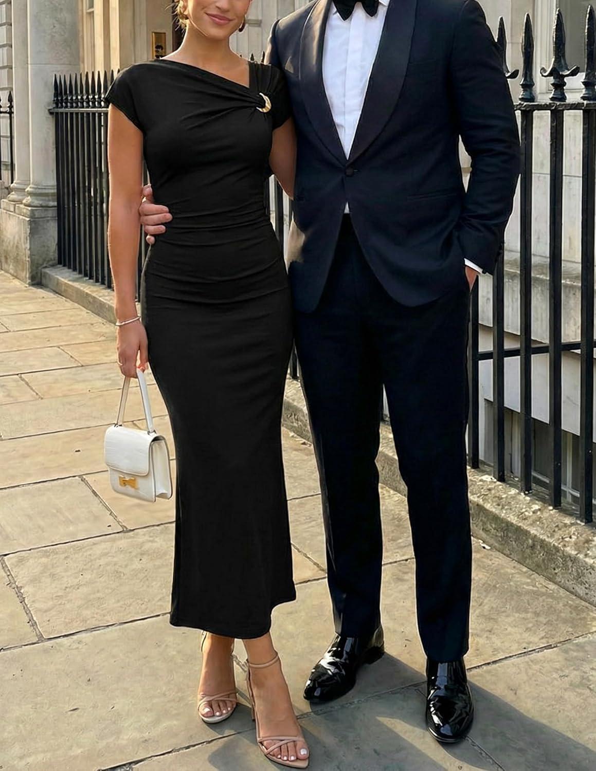 imageZESICA Womens Summer Cap Sleeve Bodycon Midi Dresses 2026 Formal Ruched Wedding Guest Cocktail Party Long DressBlack