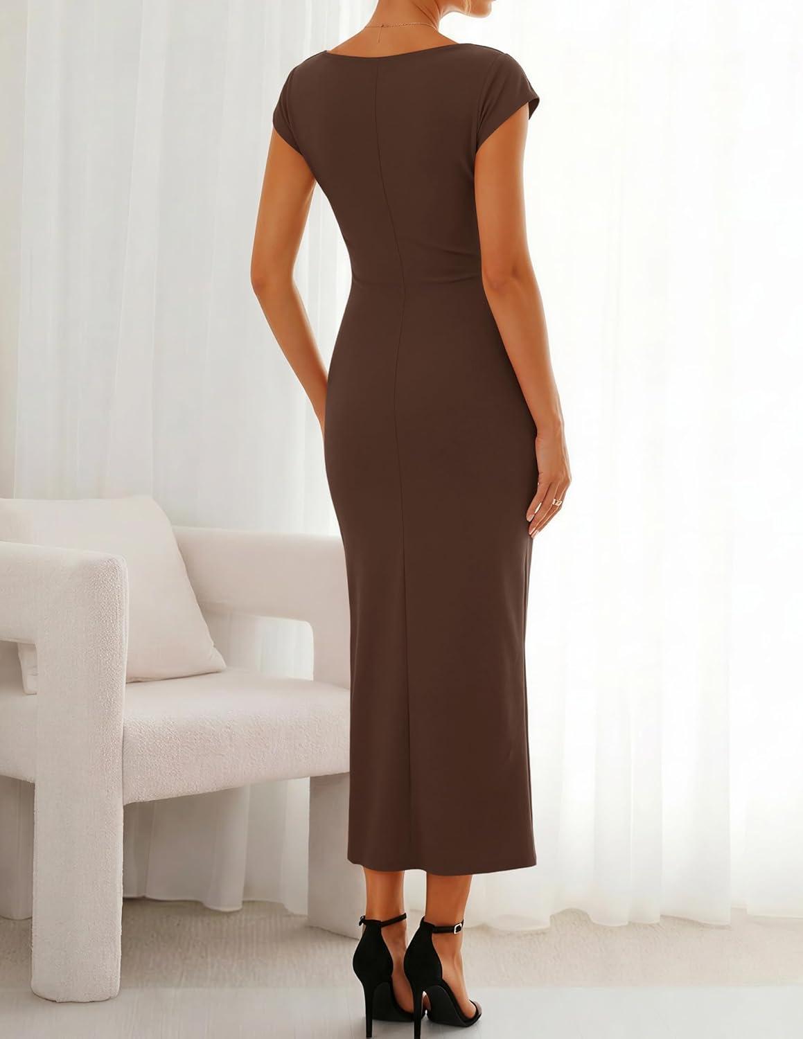 imageZESICA Womens Summer Cap Sleeve Bodycon Midi Dresses 2026 Formal Ruched Wedding Guest Cocktail Party Long DressCoffee