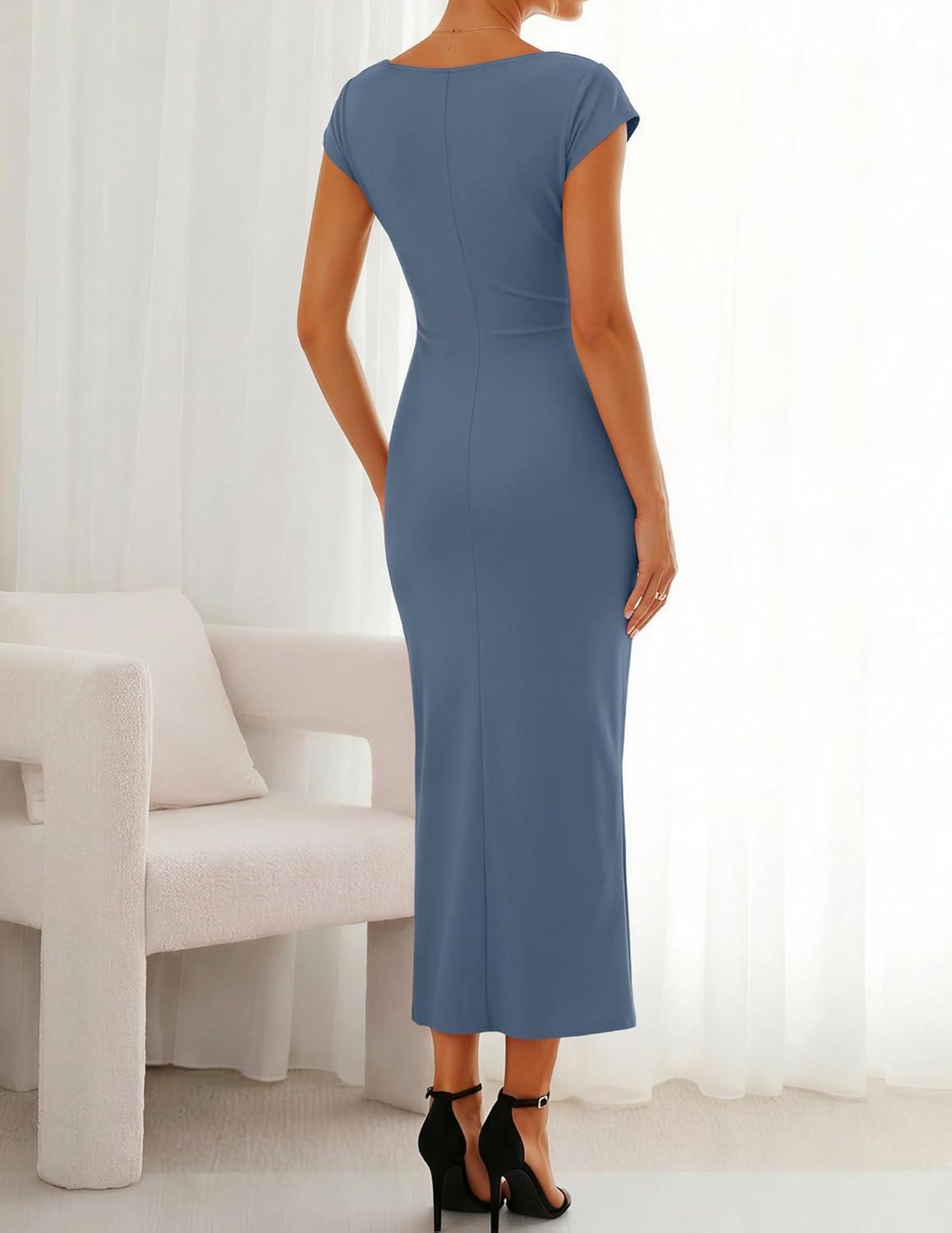 imageZESICA Womens Summer Cap Sleeve Bodycon Midi Dresses 2026 Formal Ruched Wedding Guest Cocktail Party Long DressDusty Blue
