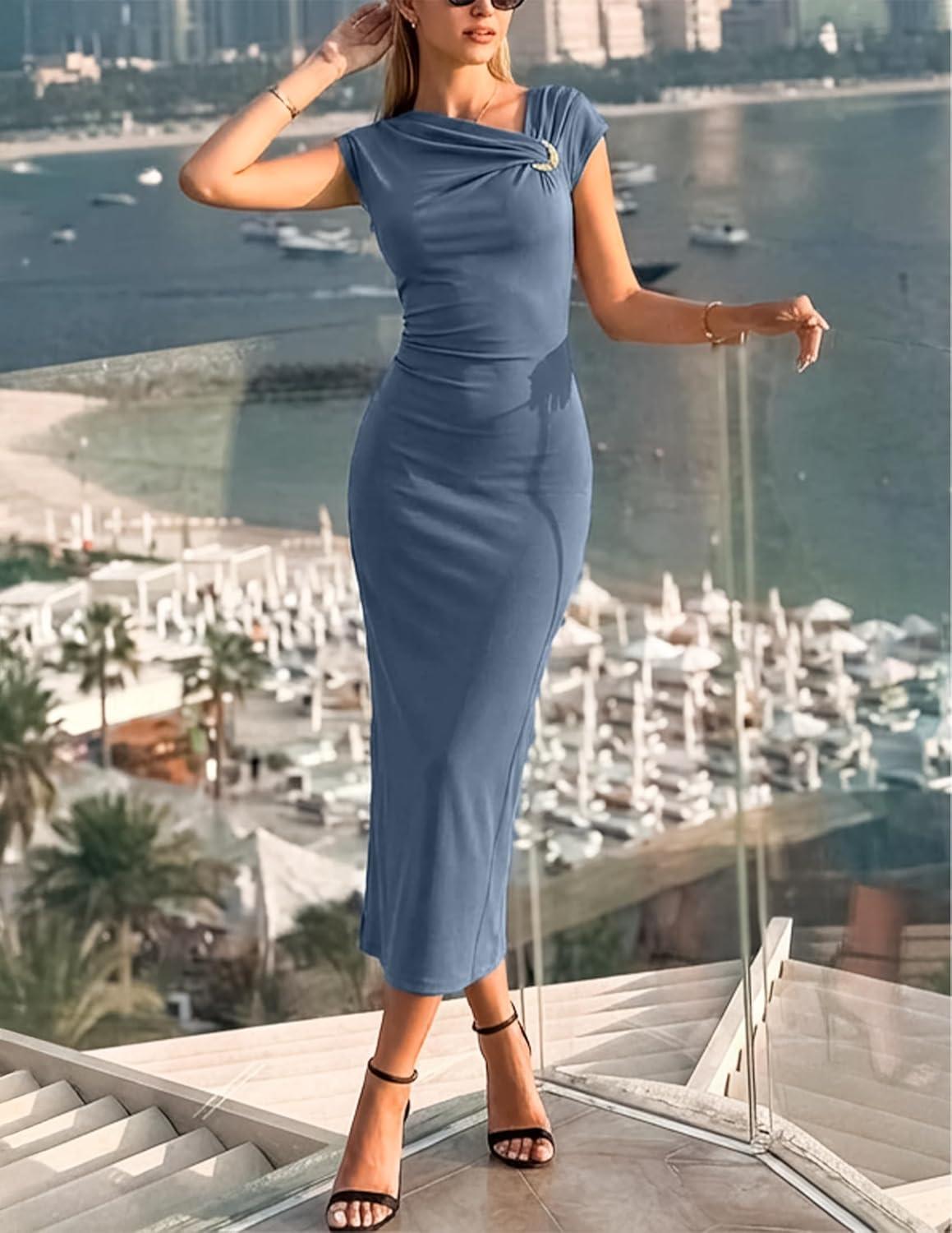 imageZESICA Womens Summer Cap Sleeve Bodycon Midi Dresses 2026 Formal Ruched Wedding Guest Cocktail Party Long DressDusty Blue