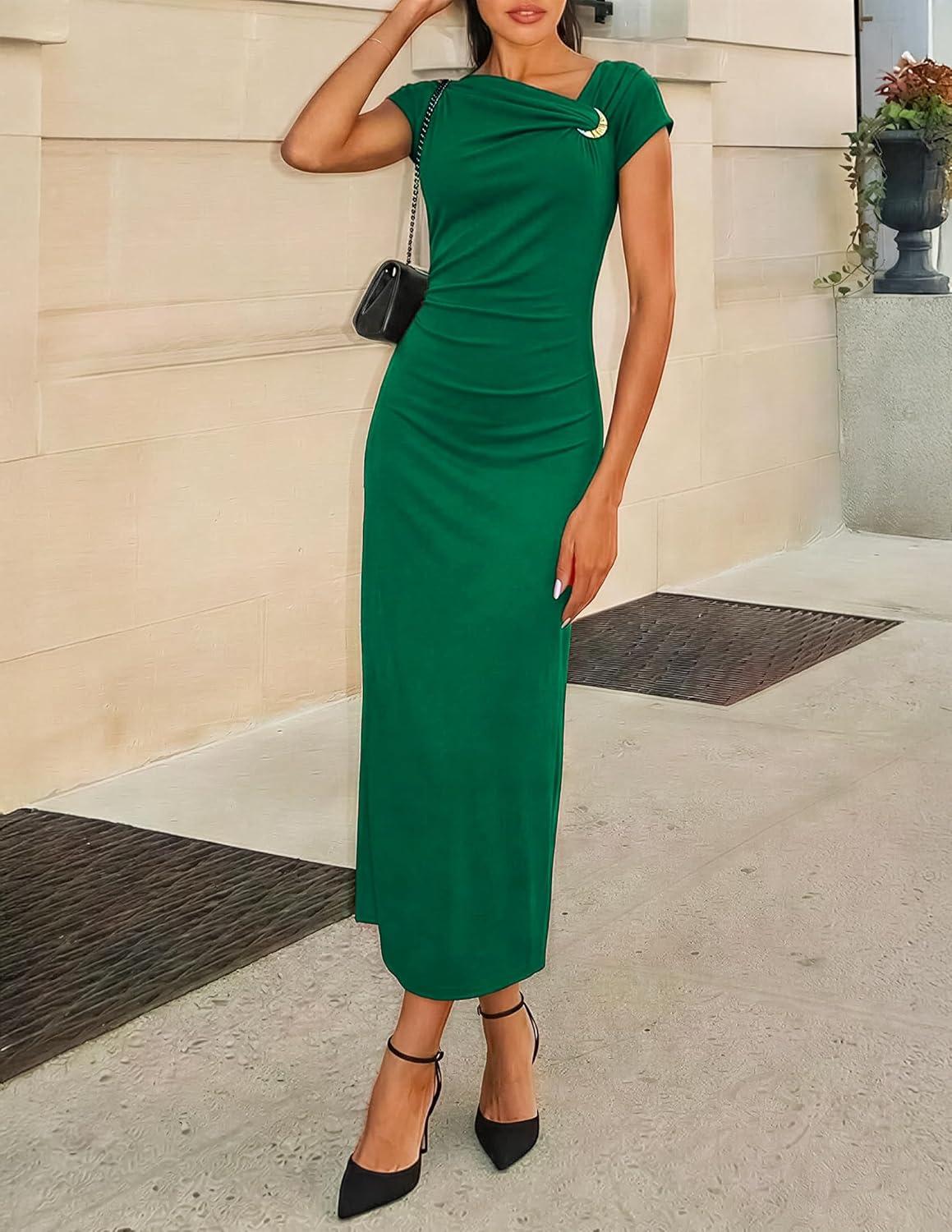 imageZESICA Womens Summer Cap Sleeve Bodycon Midi Dresses 2026 Formal Ruched Wedding Guest Cocktail Party Long DressGreen