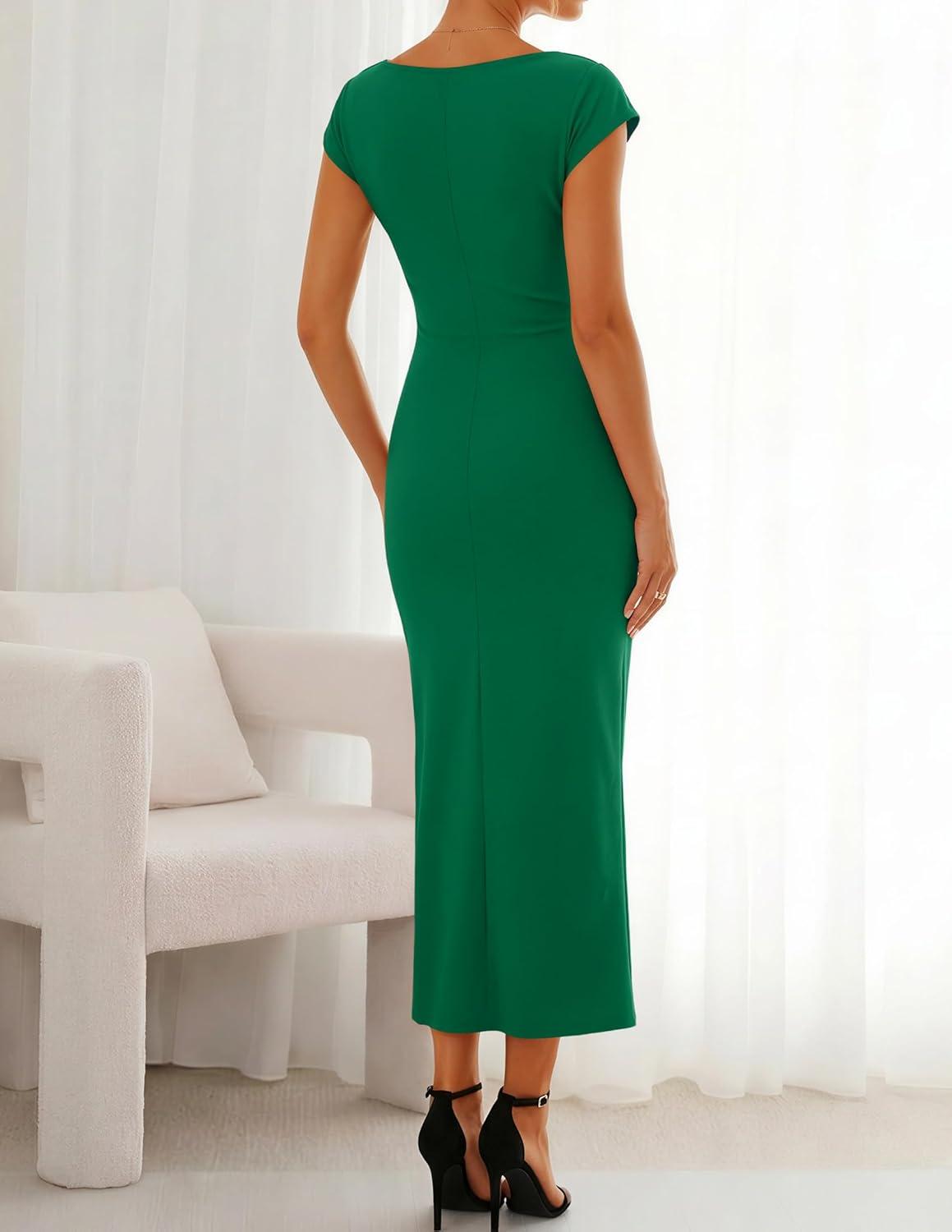 imageZESICA Womens Summer Cap Sleeve Bodycon Midi Dresses 2026 Formal Ruched Wedding Guest Cocktail Party Long DressGreen