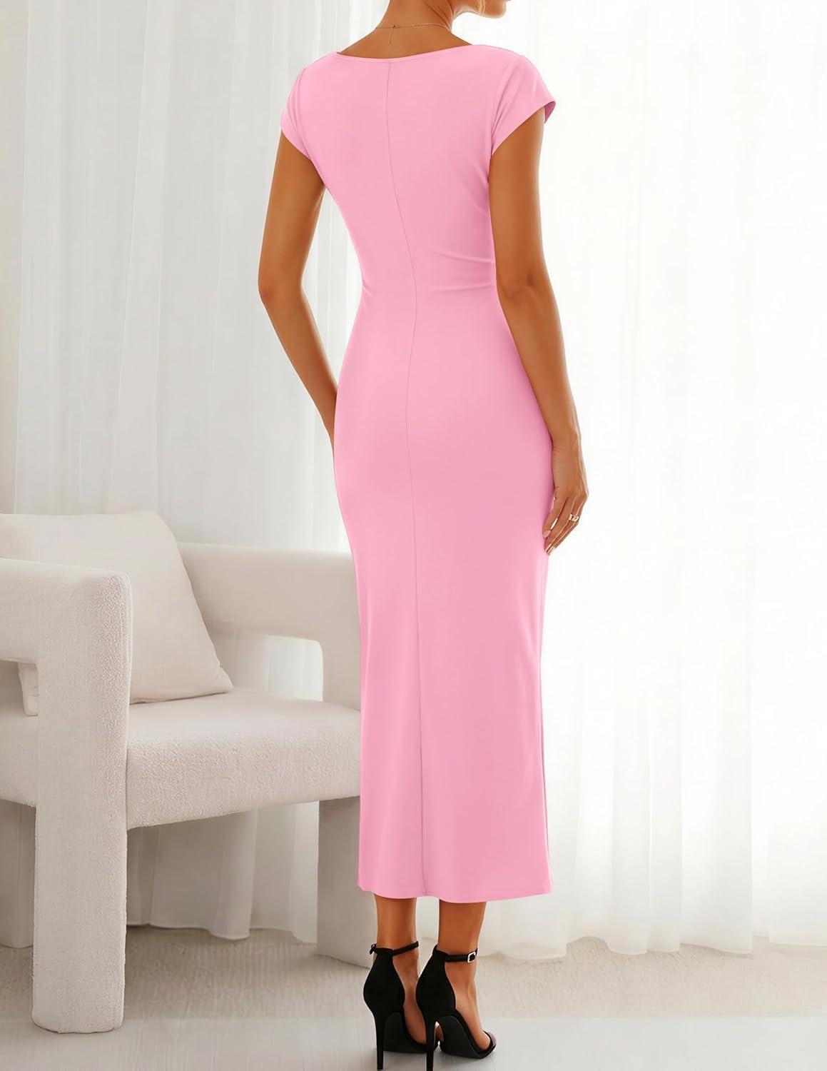 imageZESICA Womens Summer Cap Sleeve Bodycon Midi Dresses 2026 Formal Ruched Wedding Guest Cocktail Party Long DressPink