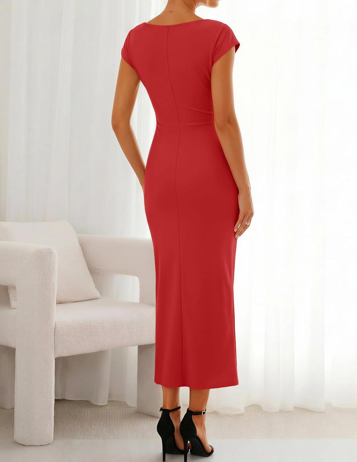 imageZESICA Womens Summer Cap Sleeve Bodycon Midi Dresses 2026 Formal Ruched Wedding Guest Cocktail Party Long DressRed