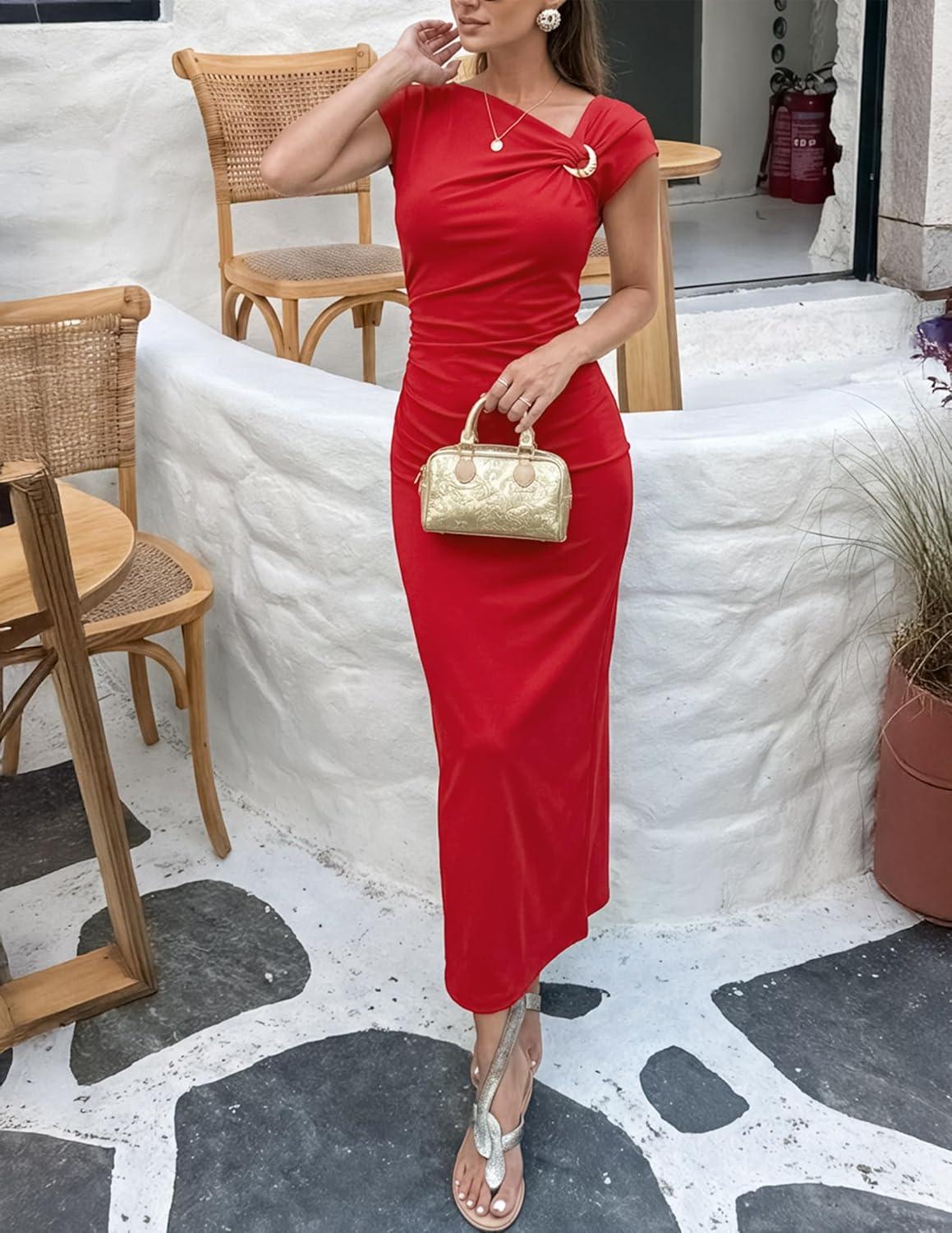 imageZESICA Womens Summer Cap Sleeve Bodycon Midi Dresses 2026 Formal Ruched Wedding Guest Cocktail Party Long DressRed