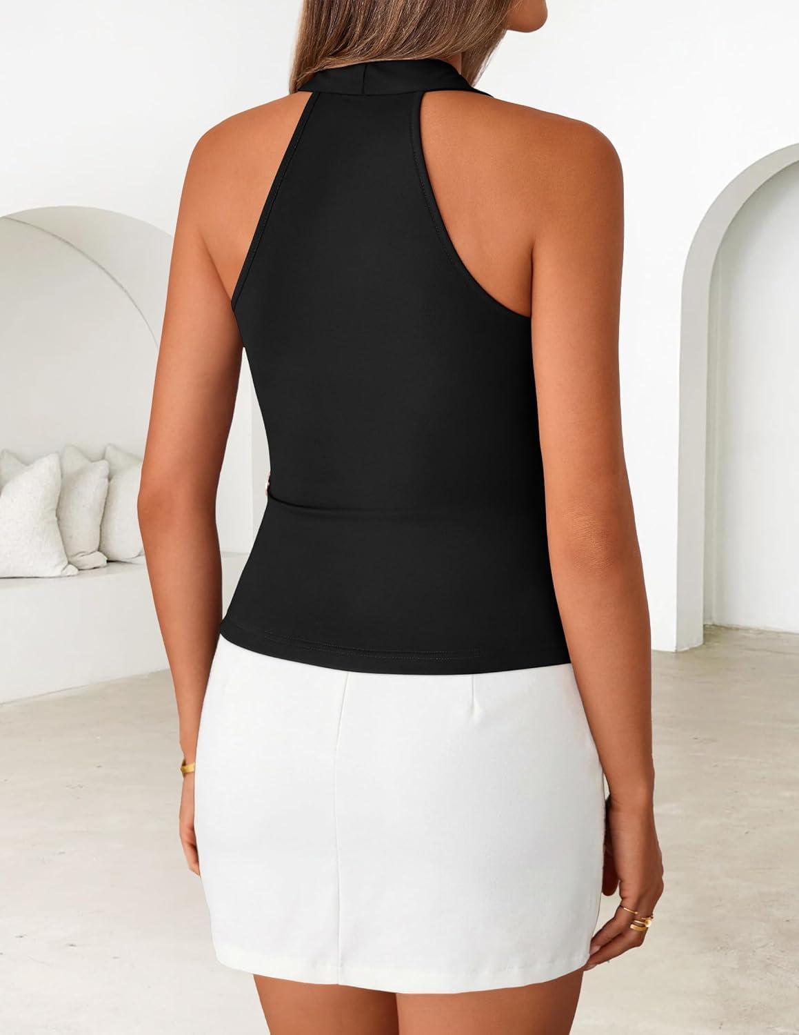 imageZESICA Womens Summer Sleeveless Halter Top 2026 V Neck Ruched Tie Wrap Fitted Racerback Tank Tops Trendy Y2k ClothesBlack