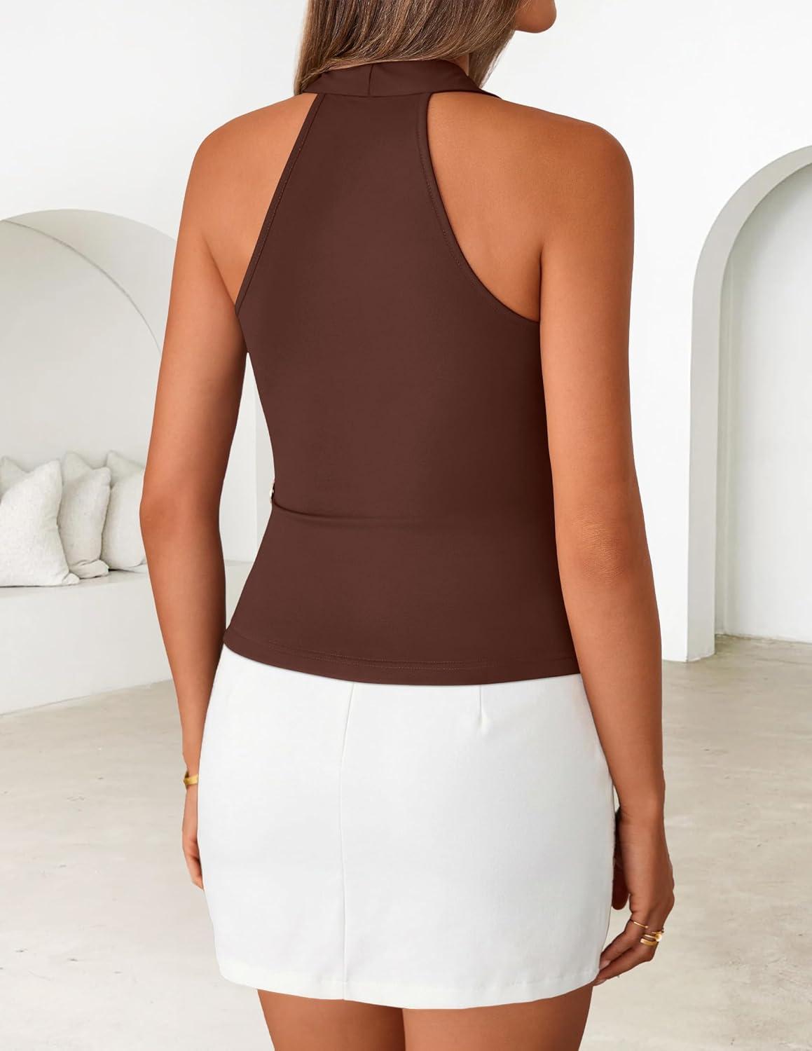 imageZESICA Womens Summer Sleeveless Halter Top 2026 V Neck Ruched Tie Wrap Fitted Racerback Tank Tops Trendy Y2k ClothesBrown