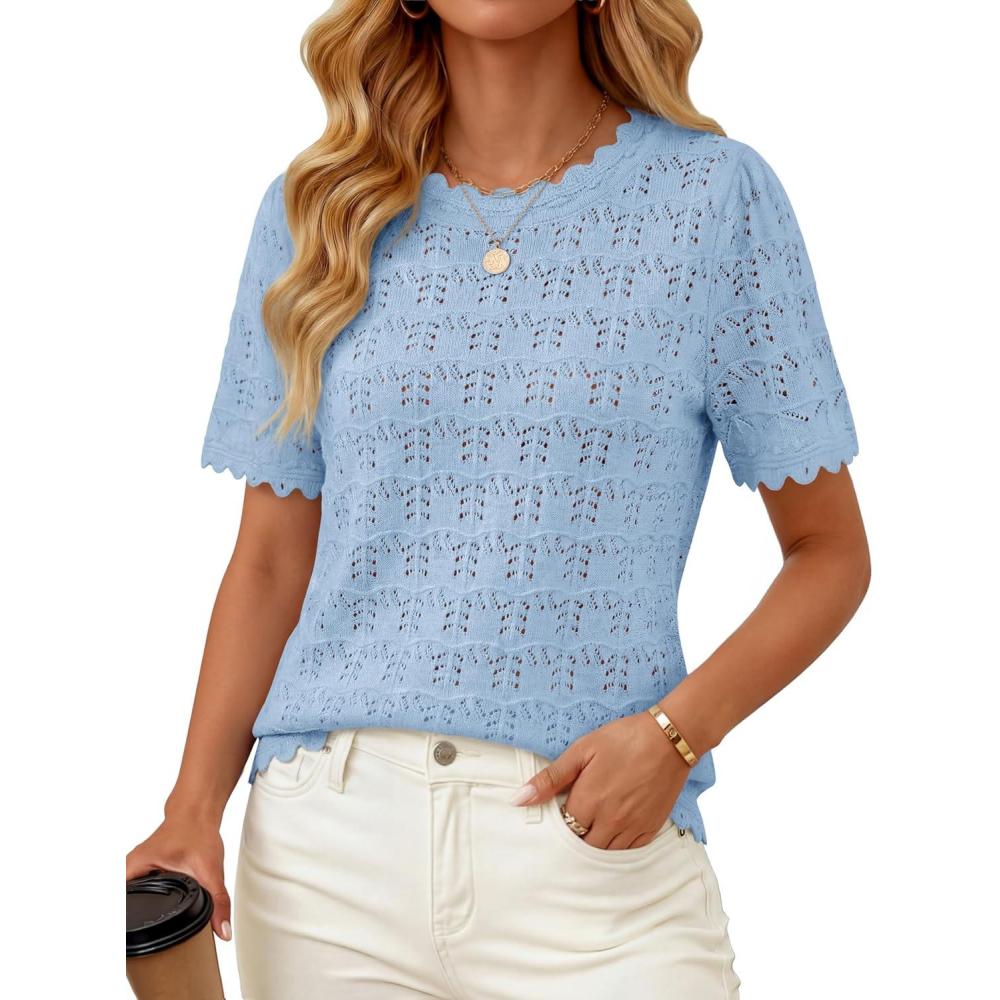 imageZESICA Womens Spring Tops Crochet Short Sleeve Sweaters 2026 Summer Casual Crewneck Hollow Out Shirts Beach Vacation OutfitsLightblue