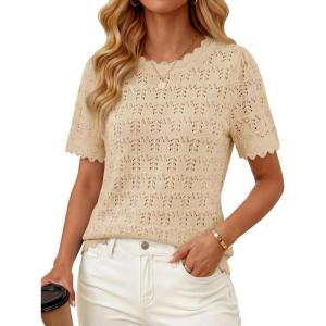 ZESICA Women’s Spring Tops Crochet Short Sleeve Sweaters 2026 Summer Casual Crewneck Hollow Out Shirts Beach Vacation Outfits(Apricot)