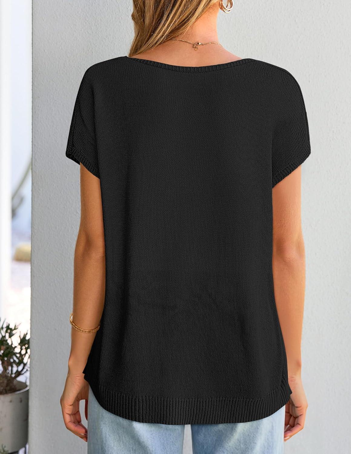 imageZESICA Summer Short Sleeve Sweater for Women 2026 Casual V Neck Oversized Sweater Vest Lightweight Knit Pullover TopsBlack