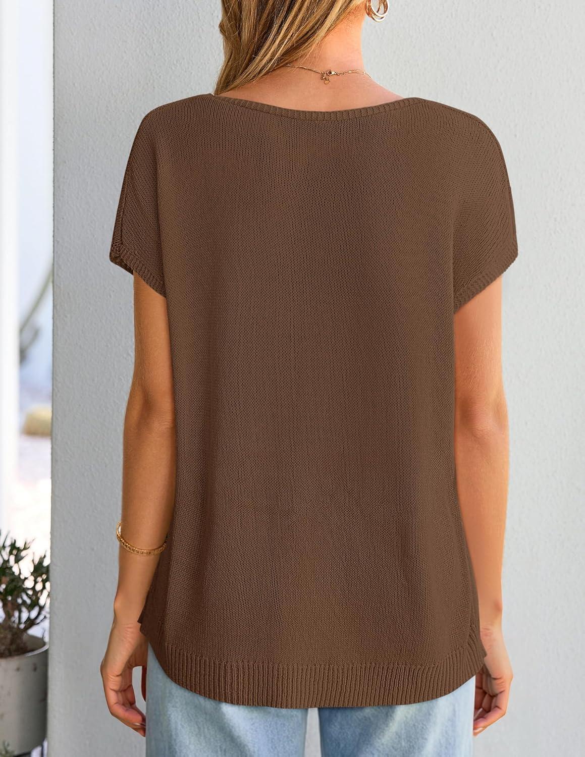 imageZESICA Summer Short Sleeve Sweater for Women 2026 Casual V Neck Oversized Sweater Vest Lightweight Knit Pullover TopsBrown