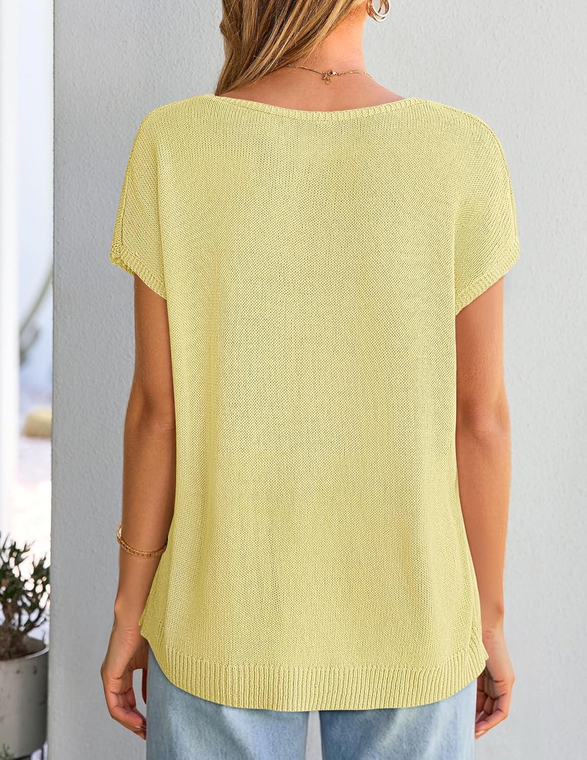 imageZESICA Summer Short Sleeve Sweater for Women 2026 Casual V Neck Oversized Sweater Vest Lightweight Knit Pullover TopsYellow