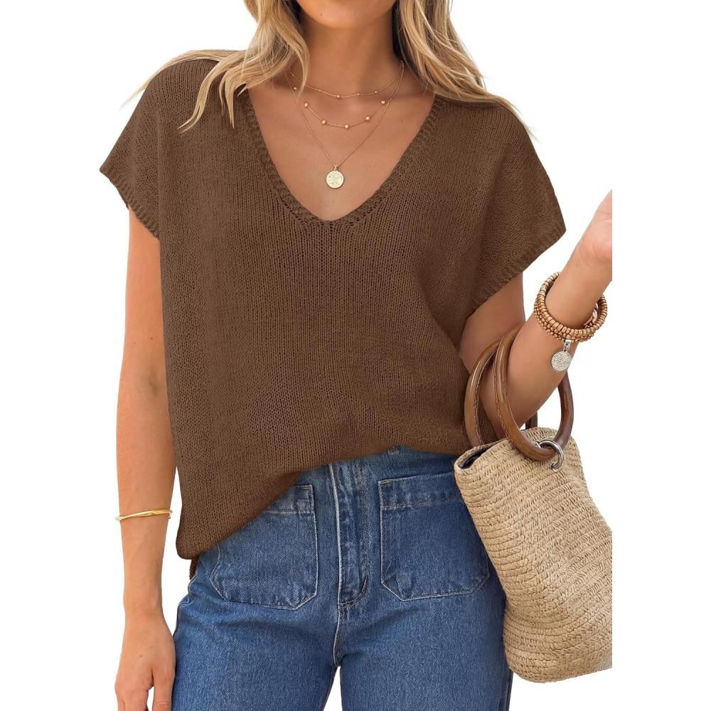 imageZESICA Summer Short Sleeve Sweater for Women 2026 Casual V Neck Oversized Sweater Vest Lightweight Knit Pullover TopsBrown