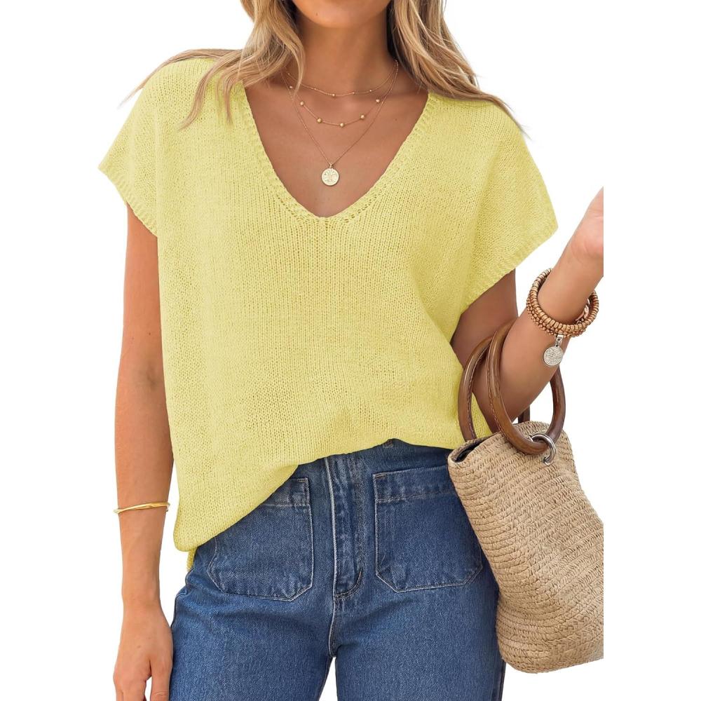 imageZESICA Summer Short Sleeve Sweater for Women 2026 Casual V Neck Oversized Sweater Vest Lightweight Knit Pullover TopsYellow