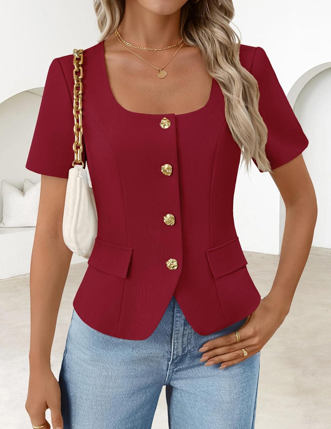 imageZESICA Womens Trendy Vests Top 2026 Spring Summer Square Neck Short Sleeve Blazer Button Down Crop Casual Work BlouseWine Red