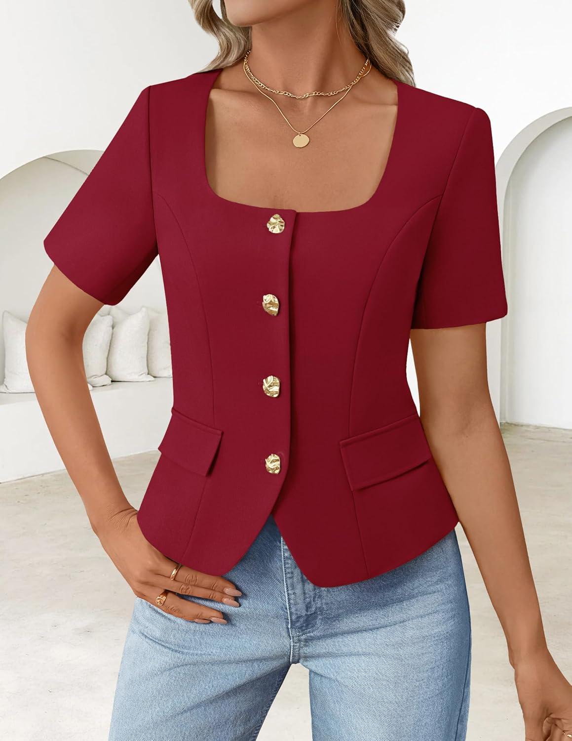 imageZESICA Womens Trendy Vests Top 2026 Spring Summer Square Neck Short Sleeve Blazer Button Down Crop Casual Work BlouseWine Red