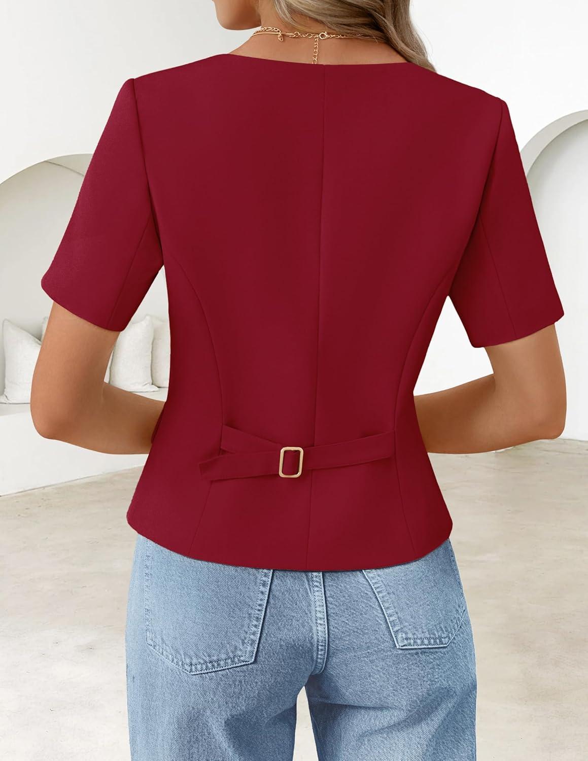 imageZESICA Womens Trendy Vests Top 2026 Spring Summer Square Neck Short Sleeve Blazer Button Down Crop Casual Work BlouseWine Red