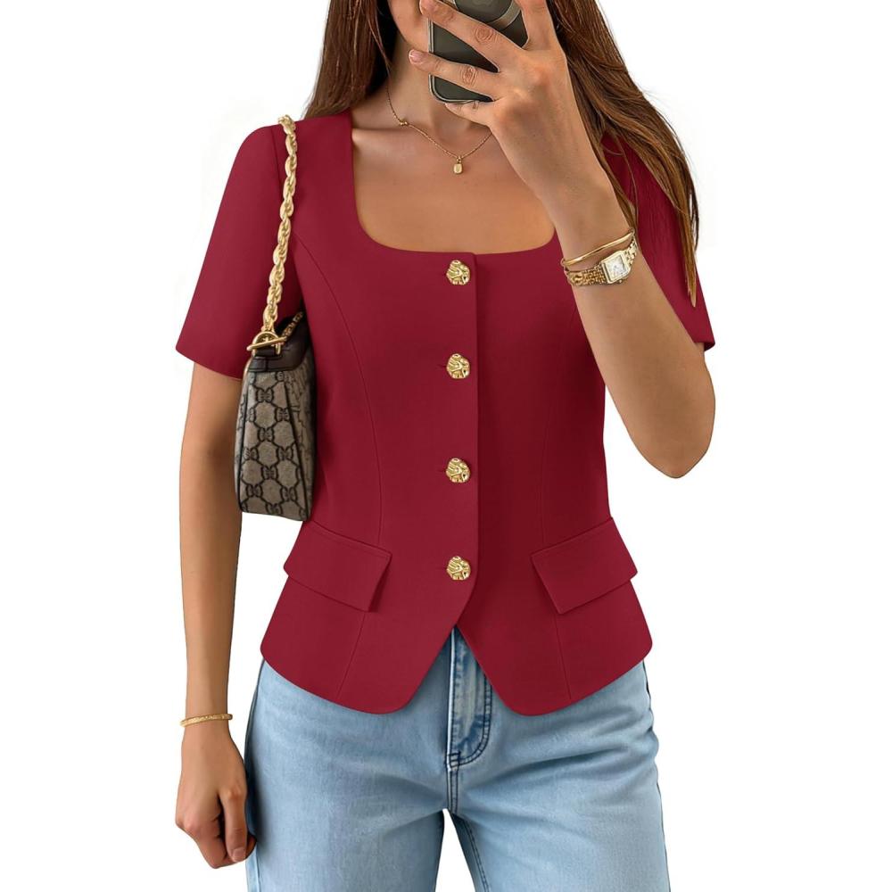 imageZESICA Womens Trendy Vests Top 2026 Spring Summer Square Neck Short Sleeve Blazer Button Down Crop Casual Work BlouseWine Red