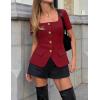 ZESICA Women’s Trendy Vests Top 2026 Spring Summer Square Neck Short Sleeve Blazer Button Down Crop Casual Work Blouse(Wine Red)