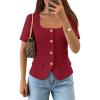 ZESICA Women’s Trendy Vests Top 2026 Spring Summer Square Neck Short Sleeve Blazer Button Down Crop Casual Work Blouse(Wine Red)